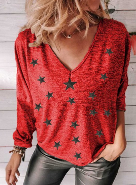 Women's T-shirts Star Print Long Sleeve V Neck Daily T-shirt