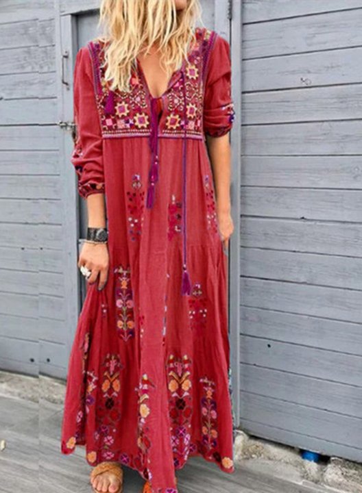 Women's Maxi Dresses Floral Multicolor Long Sleeve V Neck Boho Maxi Dress