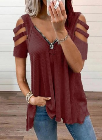 Women's Tunic Tops Solid Cold Shoulder Zip-up Cut-out Short Sleeve V Neck Casual Daily Tunic Tops