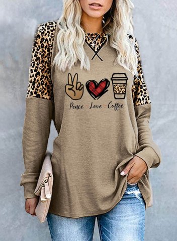 Women's T-shirts Leopard Color-block Letter Heart-shaped Long Sleeve Round Neck Casual T-shirt