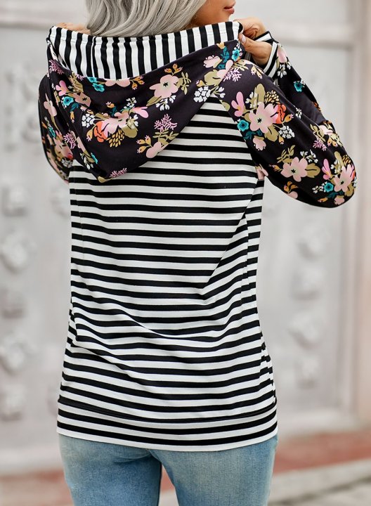 Floral-Print Paneled Striped Pocket Hoodie