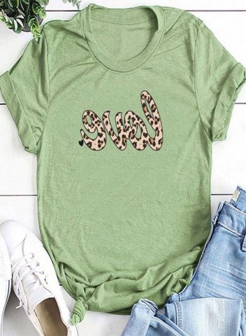 Women's T-shirts Letter Love Leopard Round Neck Short Sleeve Daily Casual T-shirts