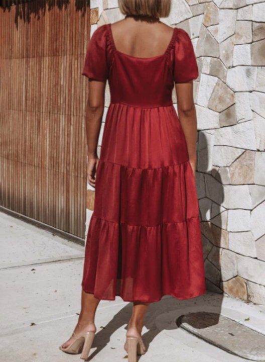 Women's Midi Dress Solid A-line Square Neck Short Sleeve Button Summer Daily Date Casual Midi Dress