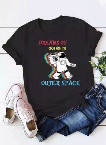 Women's T-shirts Letter Astronaut Print Short Sleeve Round Neck Daily Graphic T-shirt