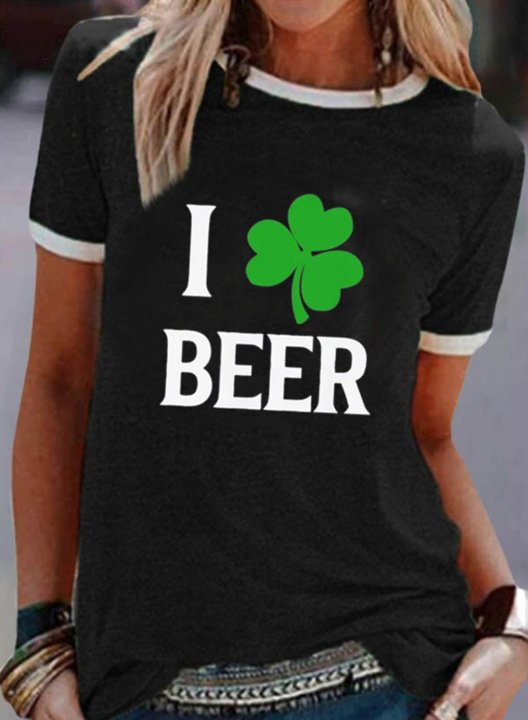 Women's St Patricks Shirts Shamrock Letter Print Color Block Print Short Sleeve Round Neck Daily T-shirt