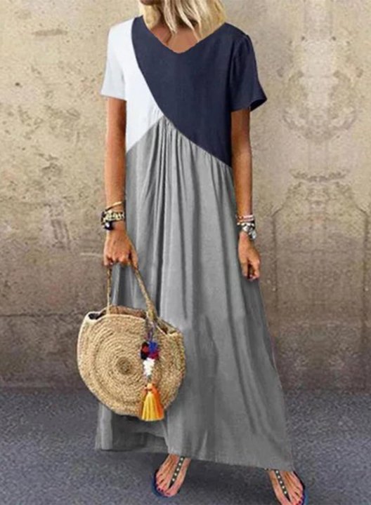 Women's Maxi Dresses Color Block Short Sleeve A-line V Neck Casual Daily Maxi Dress