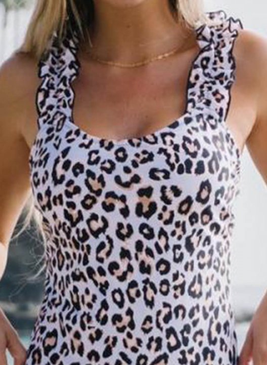 Women's Tankinis Color Block Leopard U Neck Padded Ruffle Vacation Tankini