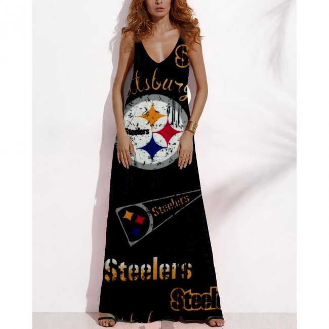 Women's Summer PITTSBURGH STEELERS Fan Print V-neck Sleeveless Loose Long A-line Dress