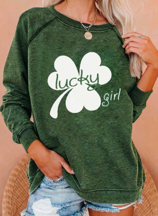 Women's St Patrick's Day Clover Sweatshirts Letter Lucky Girl Print Long Sleeve Round Neck Sweatshirt