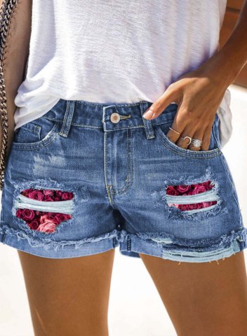 Women's Shorts Solid Straight Cut-out Rose Print Denim Mid Waist Summer Casual Shorts