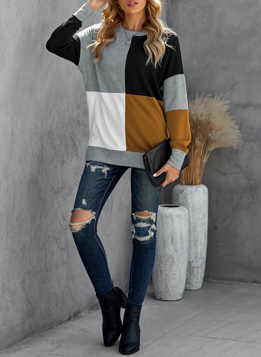 Color Block Round Neck Long Sleeves Sweatshirt