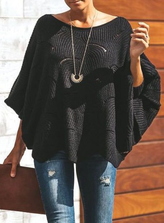 Women's Sweaters Wave Hem Long Batwing Sleeve Hollow Out Elegant Sweaters