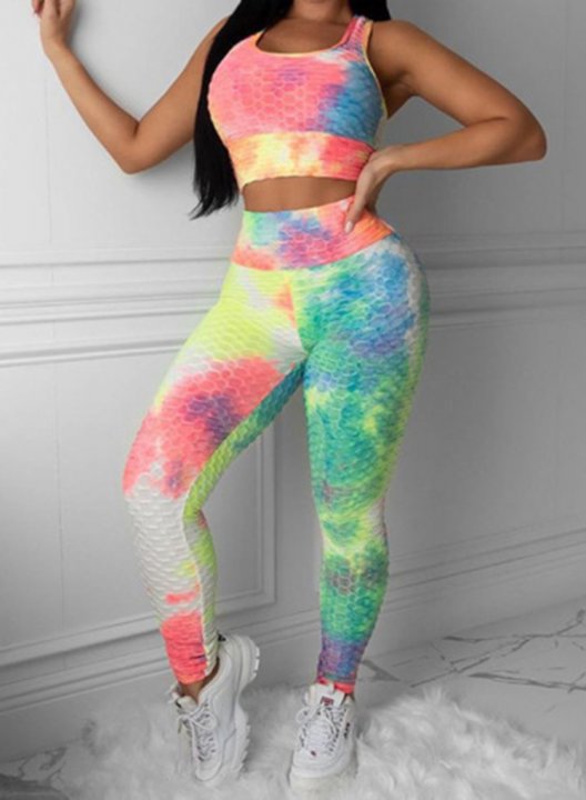 Women's Tie Dye Yoga Suits Printing Sleeveless Short Vest Casual Sport Pants Suit