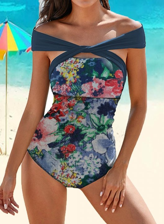 Women's One Piece Swimwear Floral Off Shoulder Criss Cross One-Piece Swimsuit