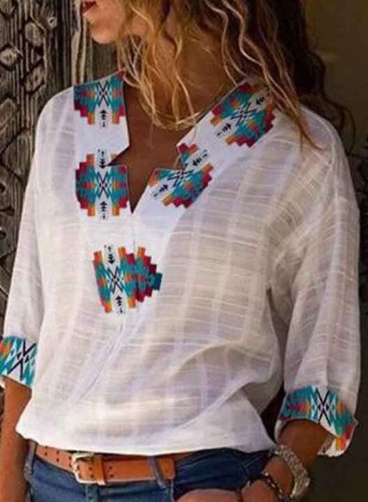 Women's Blouses Color Block Tribal Long Sleeve V Neck Daily Split Blouse