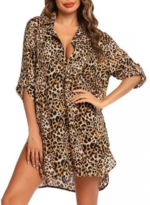 Women's Mini Dress Leopard A-line 3/4 Sleeve Turn Down Collar Summer Daily Casual Beach Mini Dress