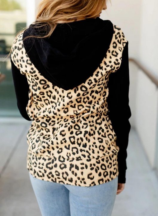 Color Block Leopard Camouflage Zip Front Hoodie