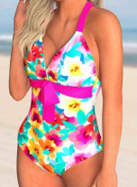 Women's One-Piece Swimsuits One-Piece Bathing Suits Knot Floral Multicolor Spaghetti Casual One-Piece Swimsuit