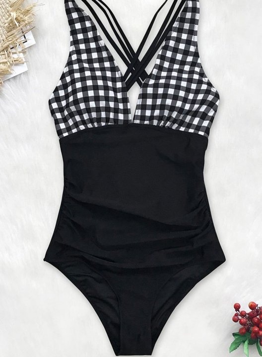 Women's One Piece Swimwear Plaid V Neck One-Piece Swimsuits One-Piece Bathing Suits