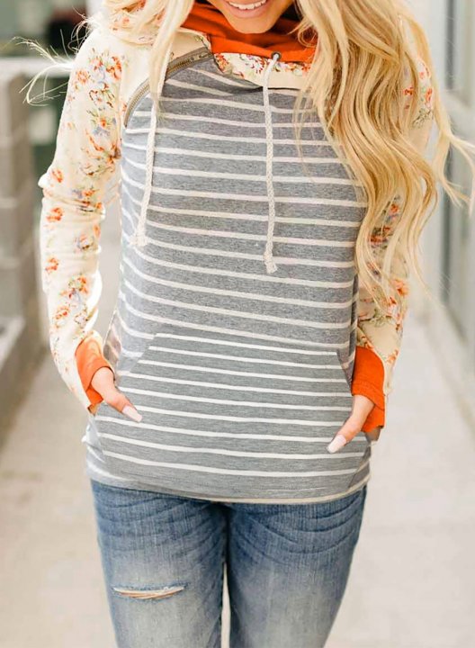 Orange Floral Print Casual Hoodie