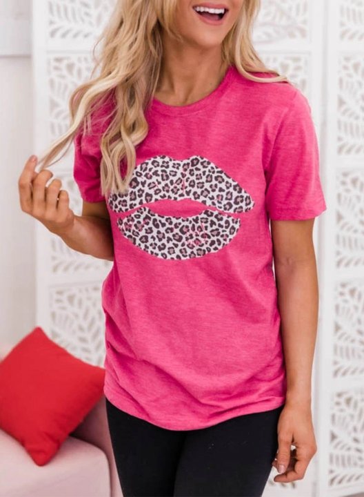 Women's T-shirts Leopard Lip Print Short Sleeve Round Neck Daily T-shirt