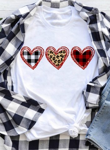 Women's T-shirts Leopard Plaid Heart Color Block Short Sleeve Round Neck Daily T-shirt
