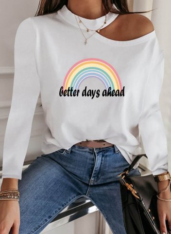 Women's T-shirts Color Block Letter Asymmetrical Halter Neck Long Sleeve Casual Daily T-shirts