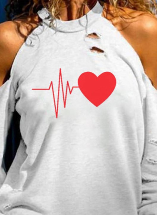 Women's Sweatshirt Solid Heart-shaped Cut-out Off-shoulder High Neck Long Sleeve T-shirts