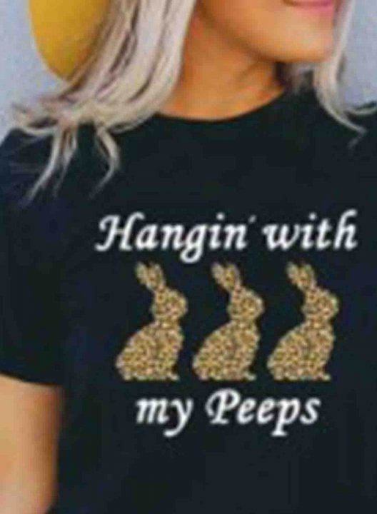 Women's Hangin' With My Peeps Bunny T-shirts Short Sleeve Round Neck Cute Basic T-shirt