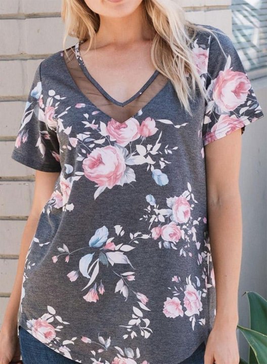 Women's T-shirts Floral Short Sleeve V Neck Daily T-shirt