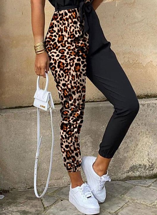 Women's Jumpsuits Leopard Color Block High Waist Pocket Vintage Jumpsuits