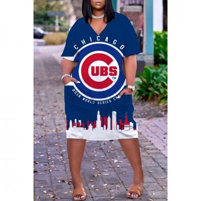 Women's Chicago Cubs Printed V-neck Casual Pocket Dress
