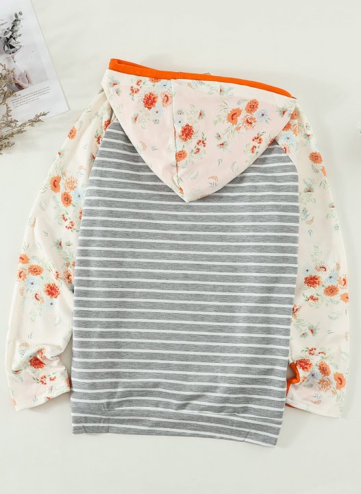 Orange Floral Print Casual Hoodie