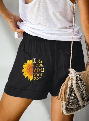 Women's Shorts Straight Floral Letter Mid Waist Pocket Drawstring Casual Shorts