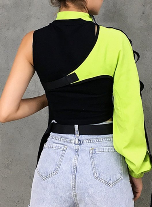 Women's Punk Style Jacket Solid High Neck Cold Shoulder Asymmetric One Sleeve Cropped Long Sleeve Casual Daily Pullovers