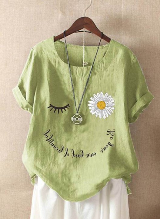 Women's T-shirts Casual Solid Floral Letter Round Neck Short Sleeve Daily Casual T-shirts