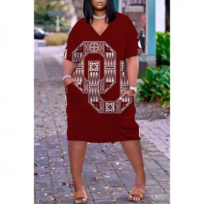 NCAAF Women's Oklahoma Sooners Printed V-neck Casual Pocket Dress