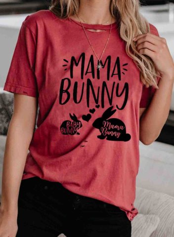 Women's Mama Bunny Cute T-shirts Solid Letter Rabbit Short Sleeve Round Neck Daily Festival T-shirt