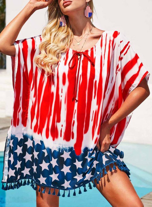 Women's Mini Dresses Tassels Knot Flag Short Sleeve Round Neck Shift Beach Mini Dress