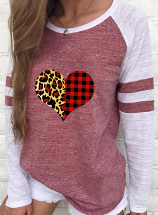 Women's T-shirts Striped Leopard Color Block Heart-shaped Print Long Sleeve Round Neck Daily T-shirt