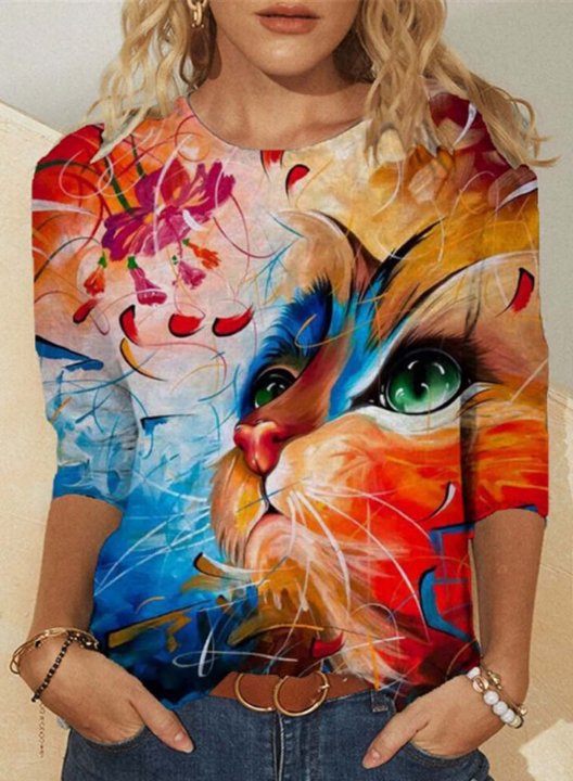 Women's T-shirts Cat Pattern Multicolor Long Sleeve Round Neck Daily Casual T-shirt