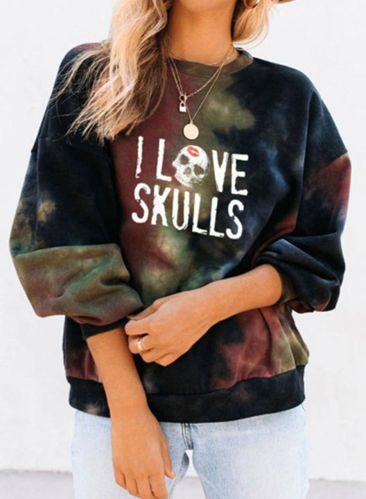 Women's I Love Skulls Print Sweatshirts Letter Print Tiedye Long Sleeve Round Neck Daily Sweatshirt