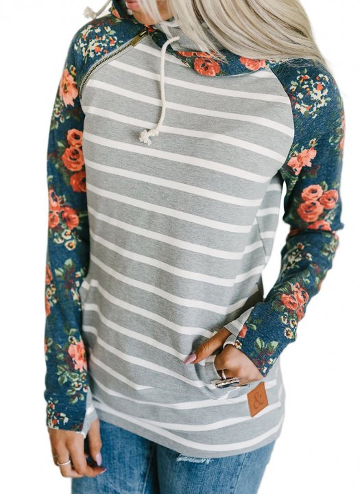 Floral-Print Paneled Striped Pocket Hoodie