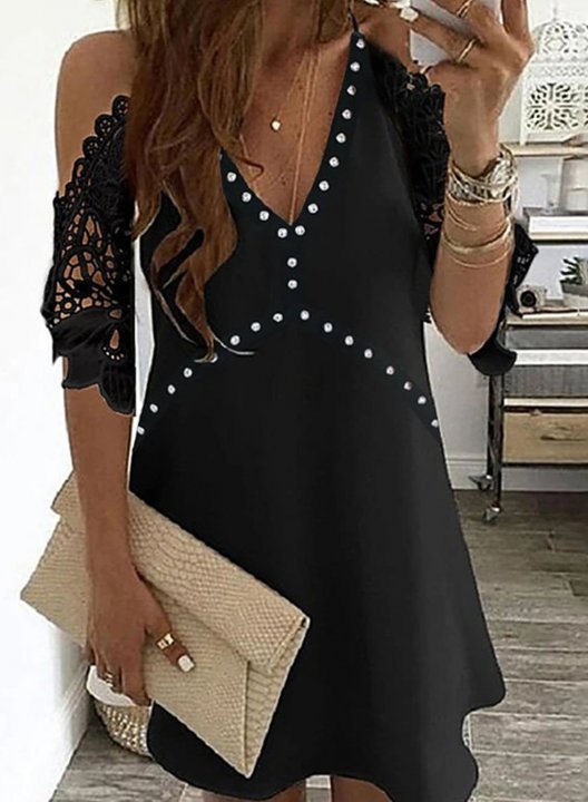 Women's Dress Solid Polka Dot Cold Shoulder Lace Mini Dress