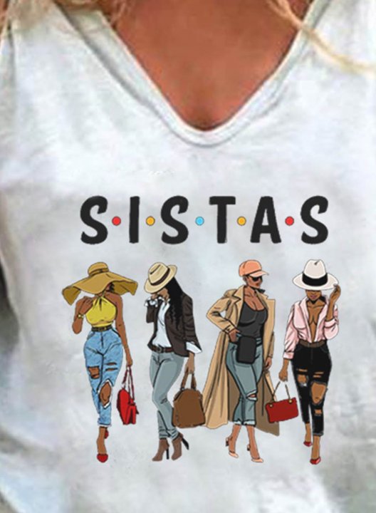 Women's T-shirts Sistas Letter Print Short Sleeve V Neck Daily T-shirt