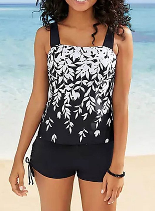 Women's Tankinis Color Block Floral Spaghetti Drawstring Padded Tankini