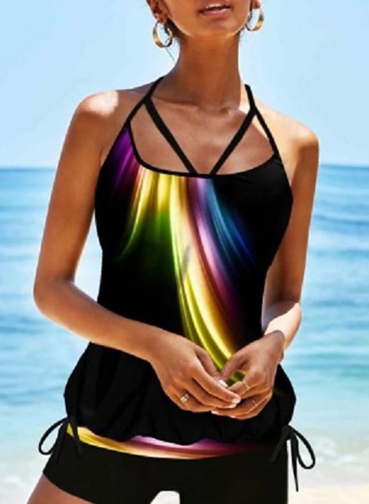 Women's Tankini Set Abstract Padded Criss Cross High Waist U Neck Vacation Tankini Set