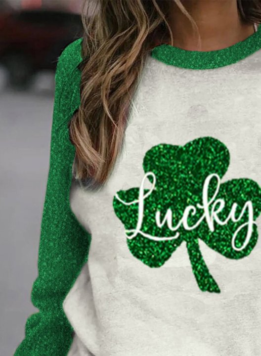 Women's St Patrick's Day Sweatshirt Sequin Shamrock Color Block Round Neck Long Sleeve Daily Pullovers