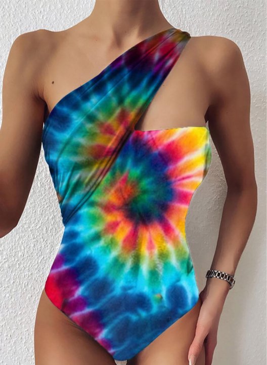 Women's One Piece Swimwear Color Block One-shoulder One-Piece Swimsuit