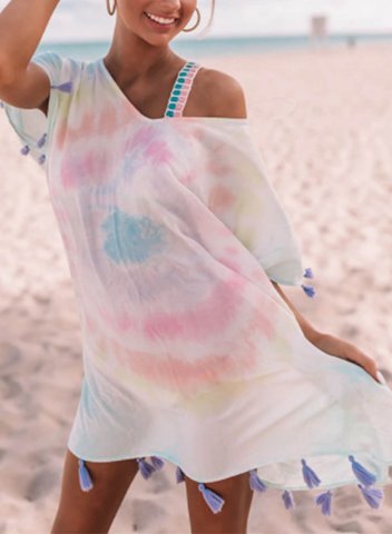 Women's Dress Tiedye Short Sleeve Shift One-shoulder Fringe Summer Vacation Beach Basic Mini Dress